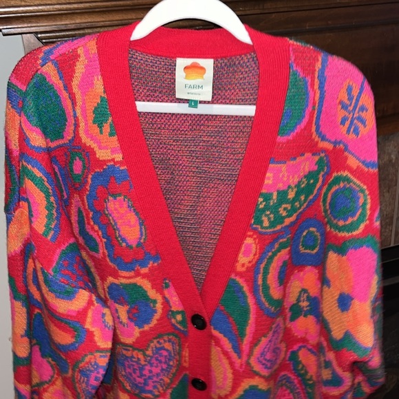 Farm Rio Lisa red cardigan sweater hearts fruit colorful bright oversized L - Picture 2 of 15